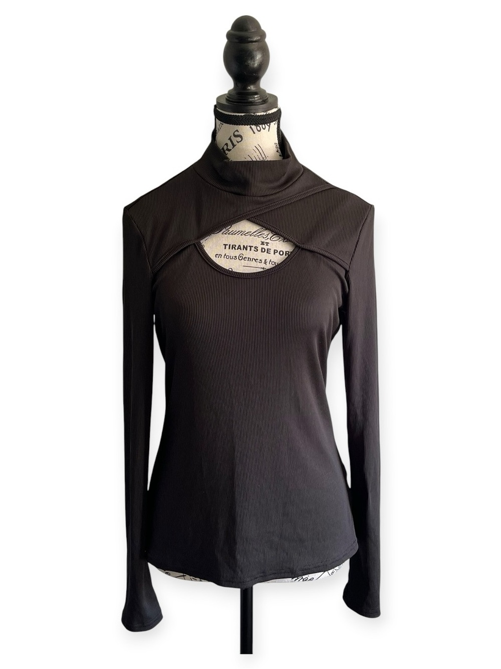 Black Cutout Long Sleeve Ribbed High Neck Collar Top Minimalist Goth Modern